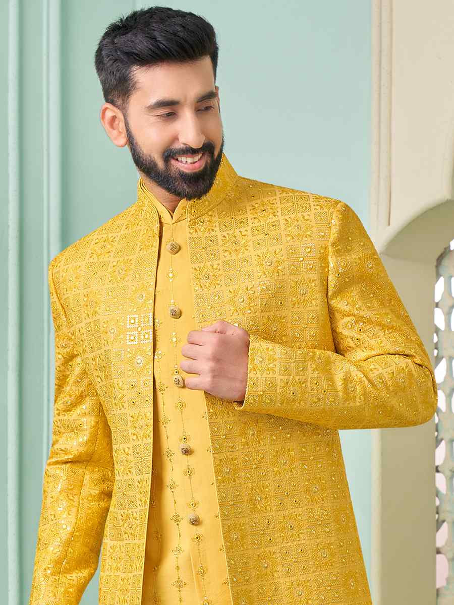 Yellow Art Banarasi Silk Embroidered Festival Wedding Sherwani