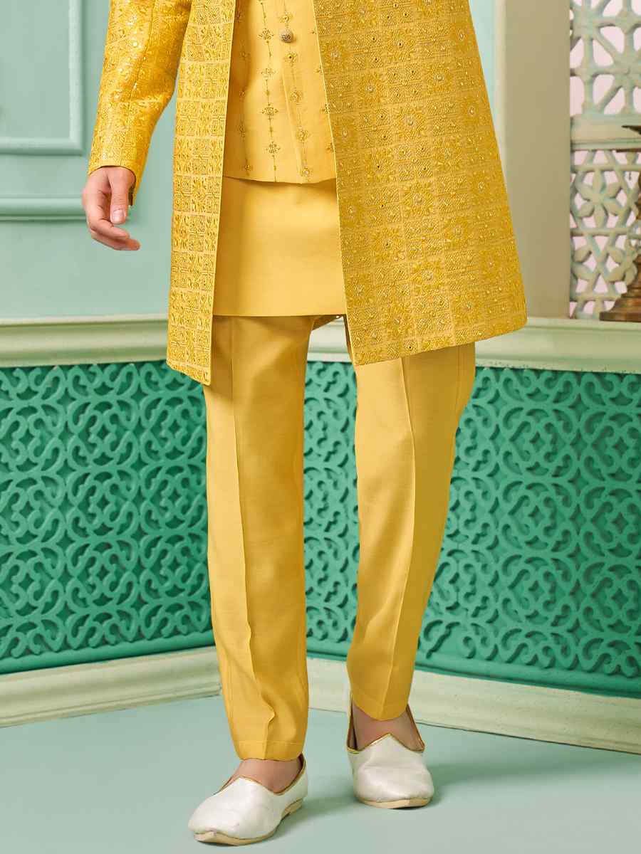 Yellow Art Banarasi Silk Embroidered Festival Wedding Sherwani