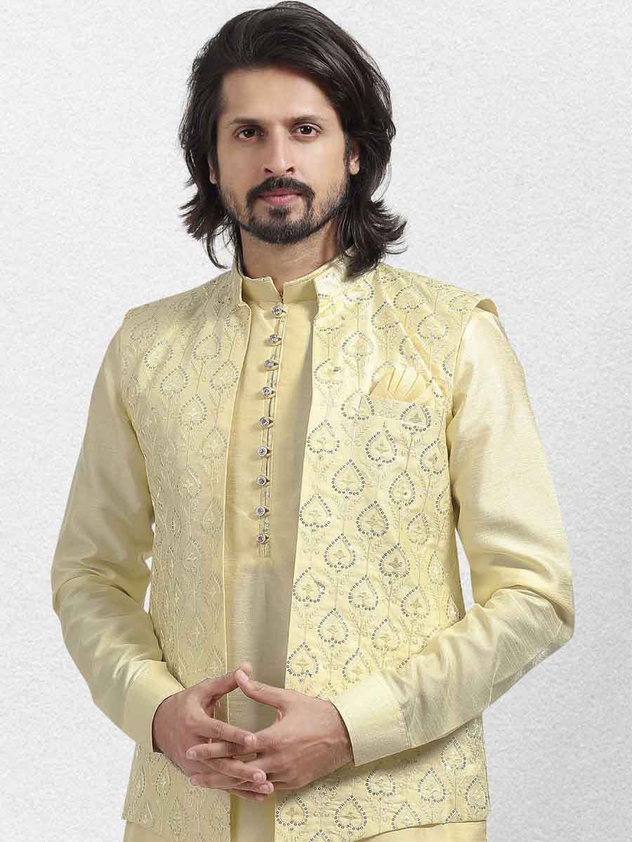 Yellow Art Banarasi Silk Woven Festival Wedding Kurta