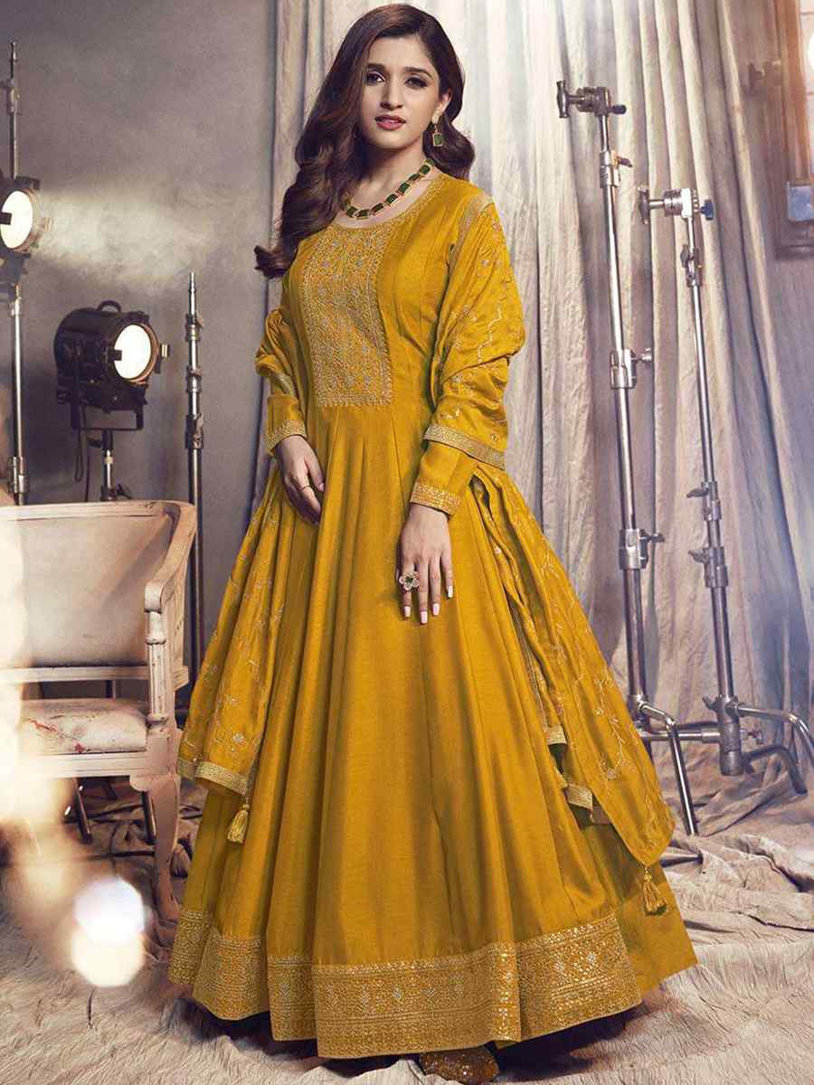 Yellow Art Silk Embroidered Festival Wedding Anarkali Salwar Kameez