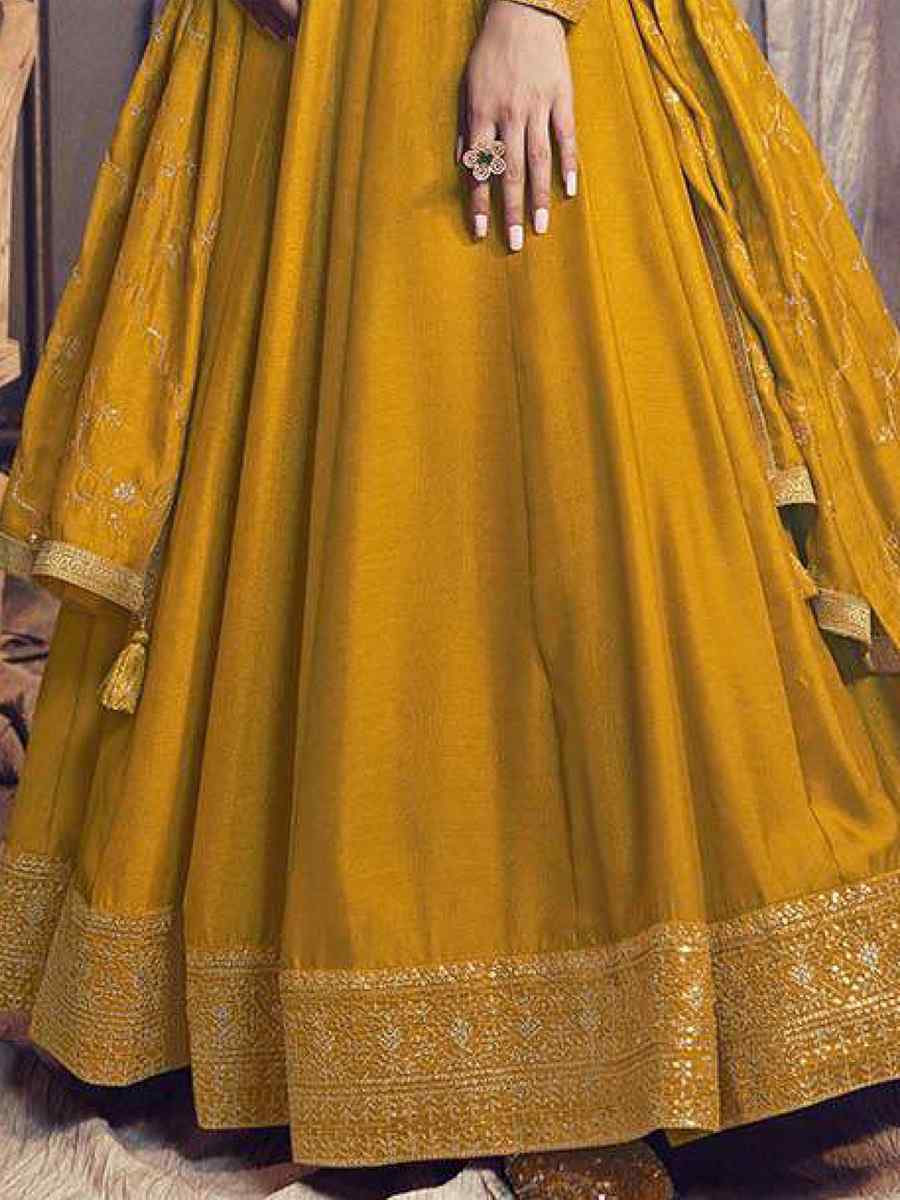 Yellow Art Silk Embroidered Festival Wedding Anarkali Salwar Kameez