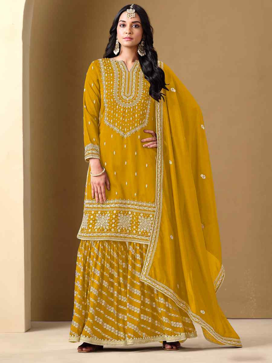 Yellow Art Silk Embroidered Festival Wedding Sharara Pant Salwar Kameez