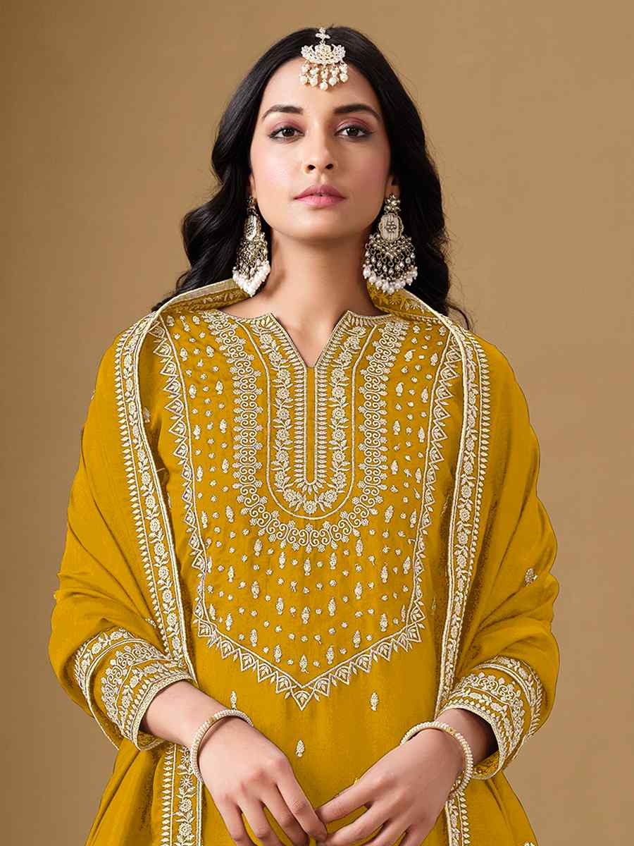 Yellow Art Silk Embroidered Festival Wedding Sharara Pant Salwar Kameez