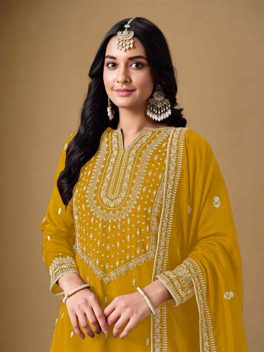 Yellow Art Silk Embroidered Festival Wedding Sharara Pant Salwar Kameez