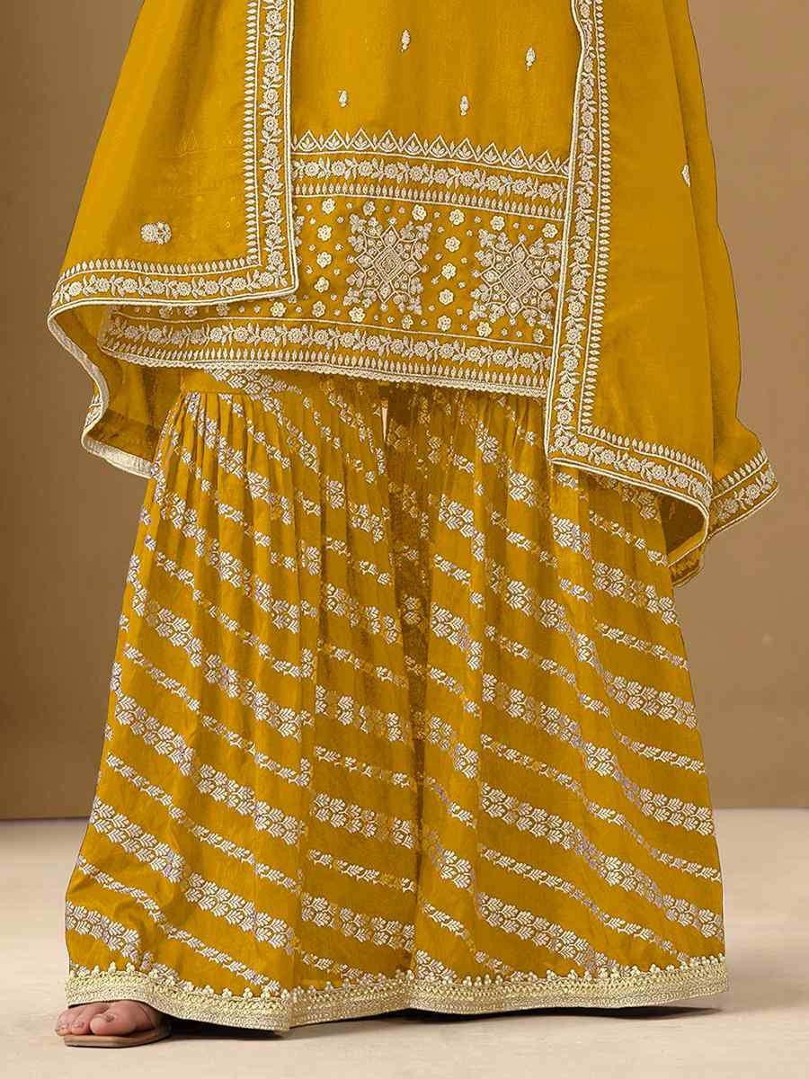 Yellow Art Silk Embroidered Festival Wedding Sharara Pant Salwar Kameez