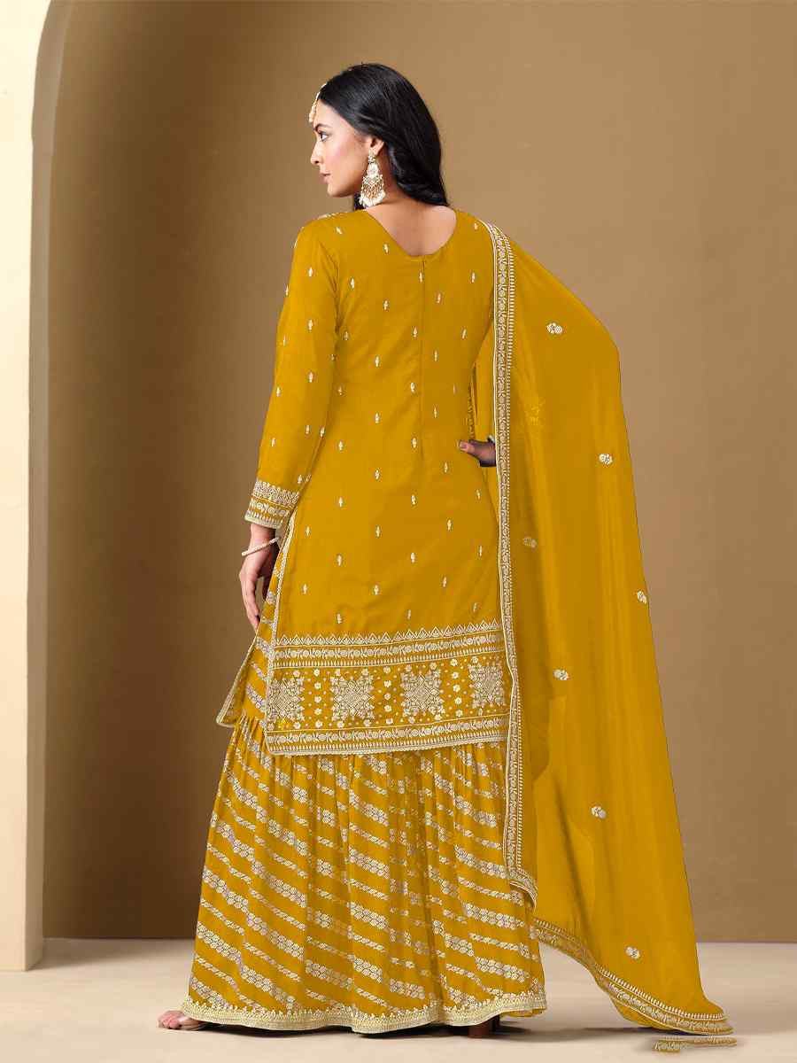 Yellow Art Silk Embroidered Festival Wedding Sharara Pant Salwar Kameez