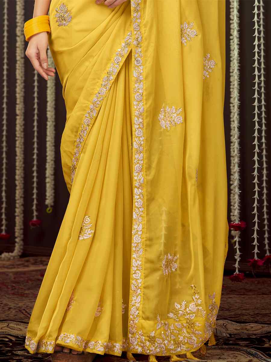 Yellow Art Silk Embroidered Party Festival Classic Style Saree