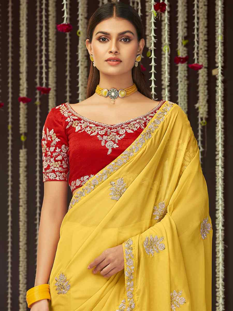 Yellow Art Silk Embroidered Party Festival Classic Style Saree