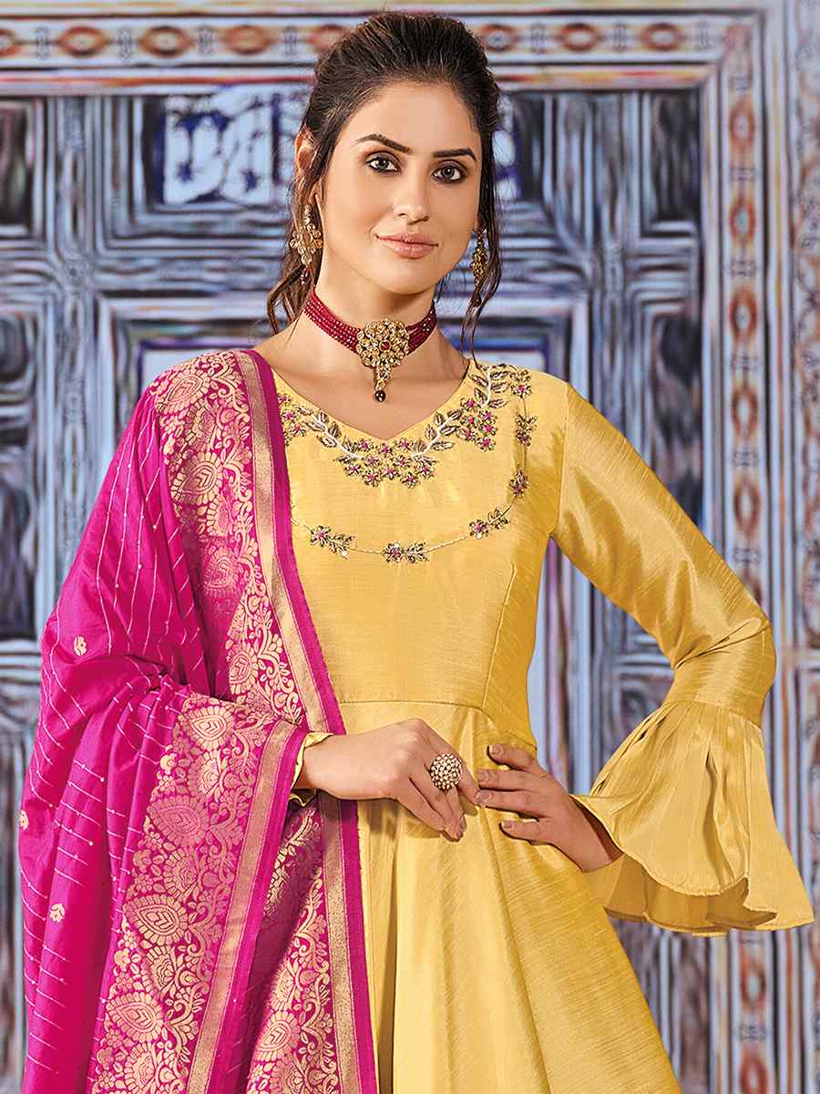 Yellow Art Silk Embroidered Wedding Festival Anarkali Salwar Kameez