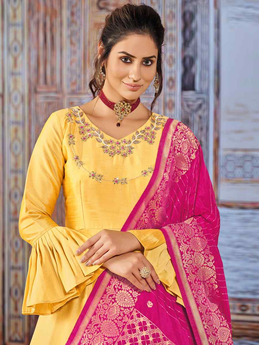 Yellow Art Silk Embroidered Wedding Festival Anarkali Salwar Kameez