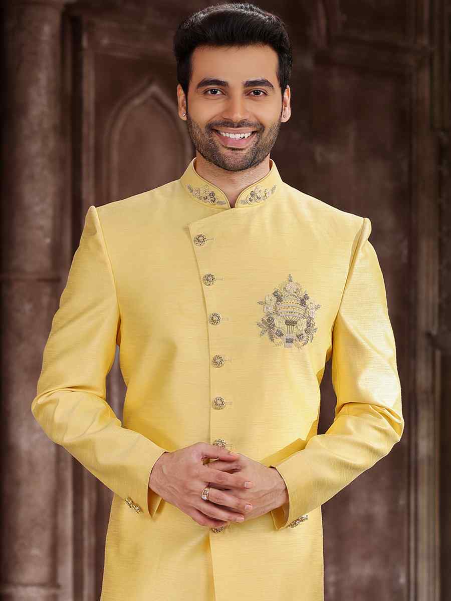 Yellow Art Silk Embroidered Wedding Groom Sherwani
