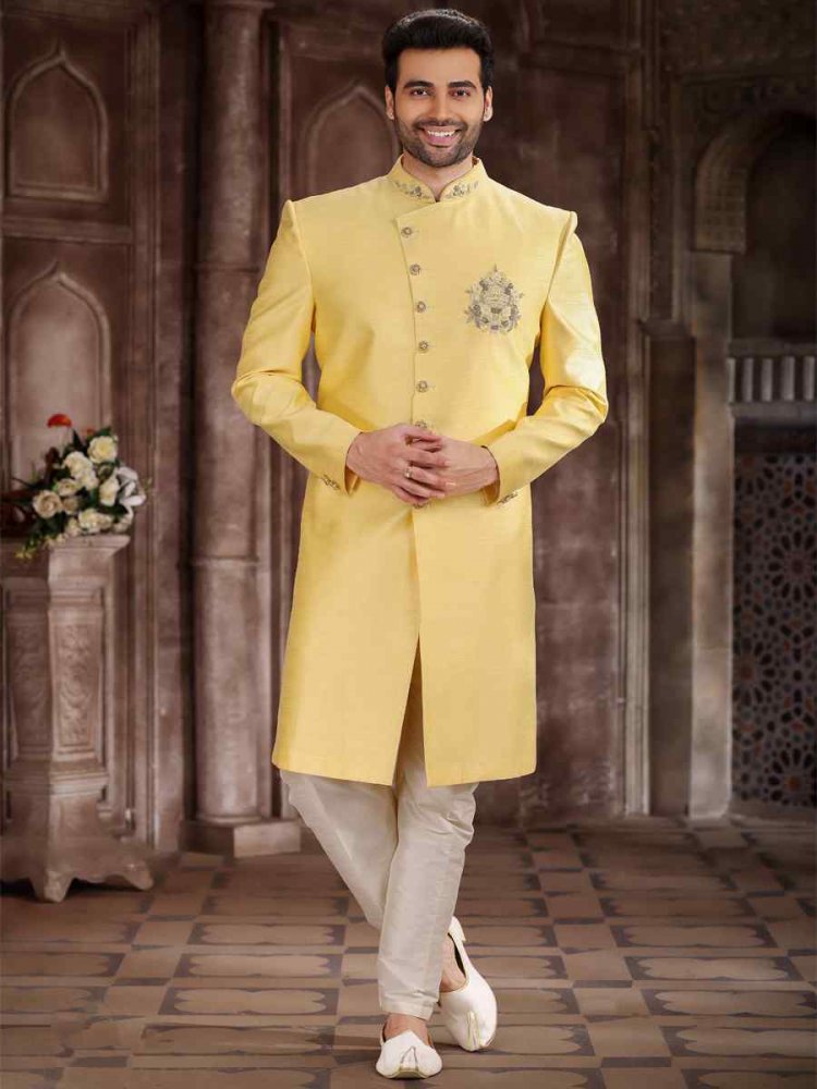 Yellow Art Silk Embroidered Wedding Groom Sherwani