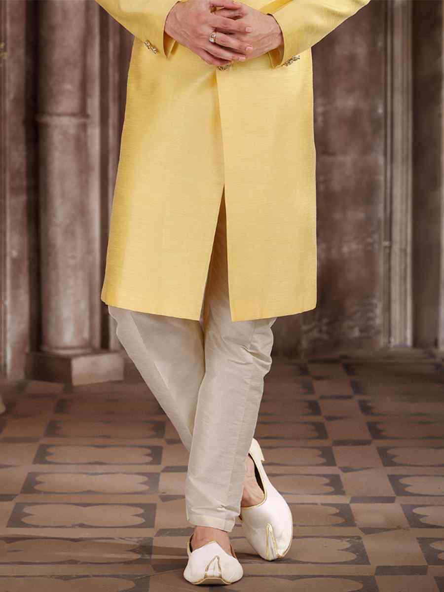 Yellow Art Silk Embroidered Wedding Groom Sherwani