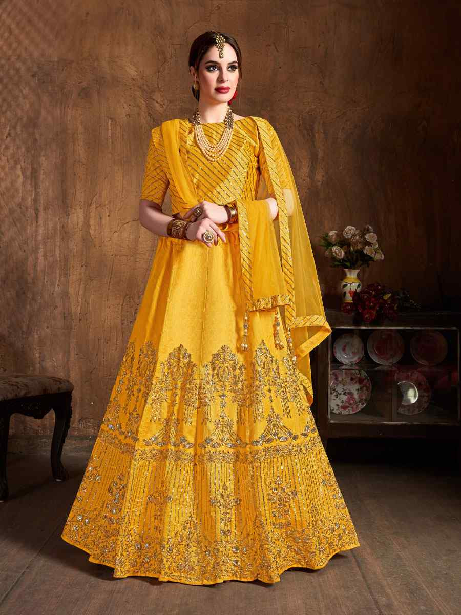 Yellow Art Silk Embroidered Wedding Reception Festival Heavy Border Lehenga Choli