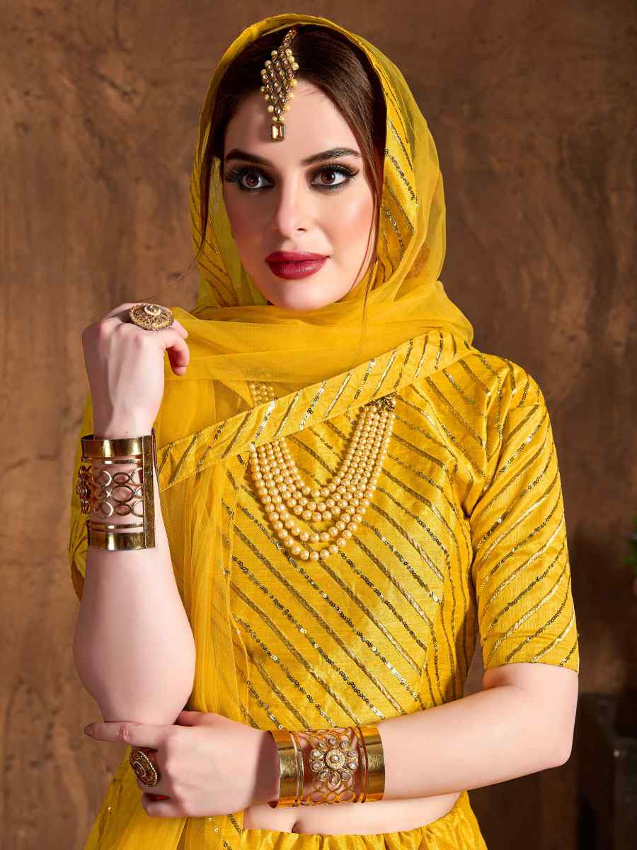 Yellow Art Silk Embroidered Wedding Reception Festival Heavy Border Lehenga Choli