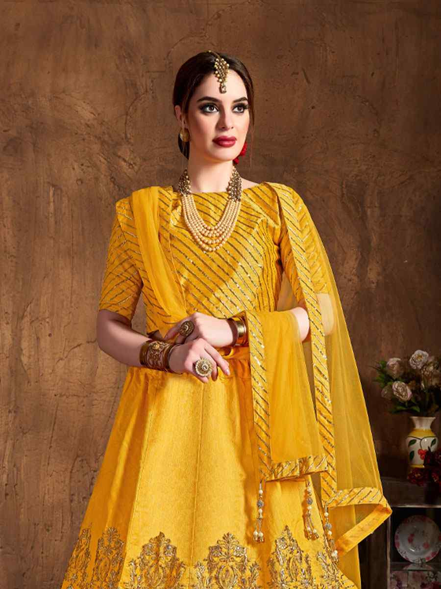 Yellow Art Silk Embroidered Wedding Reception Festival Heavy Border Lehenga Choli