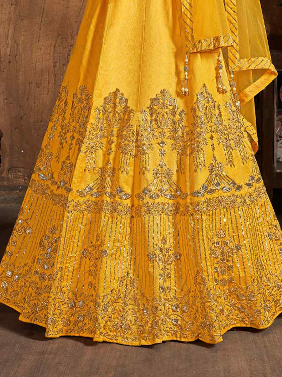 Yellow Art Silk Embroidered Wedding Reception Festival Heavy Border Lehenga Choli