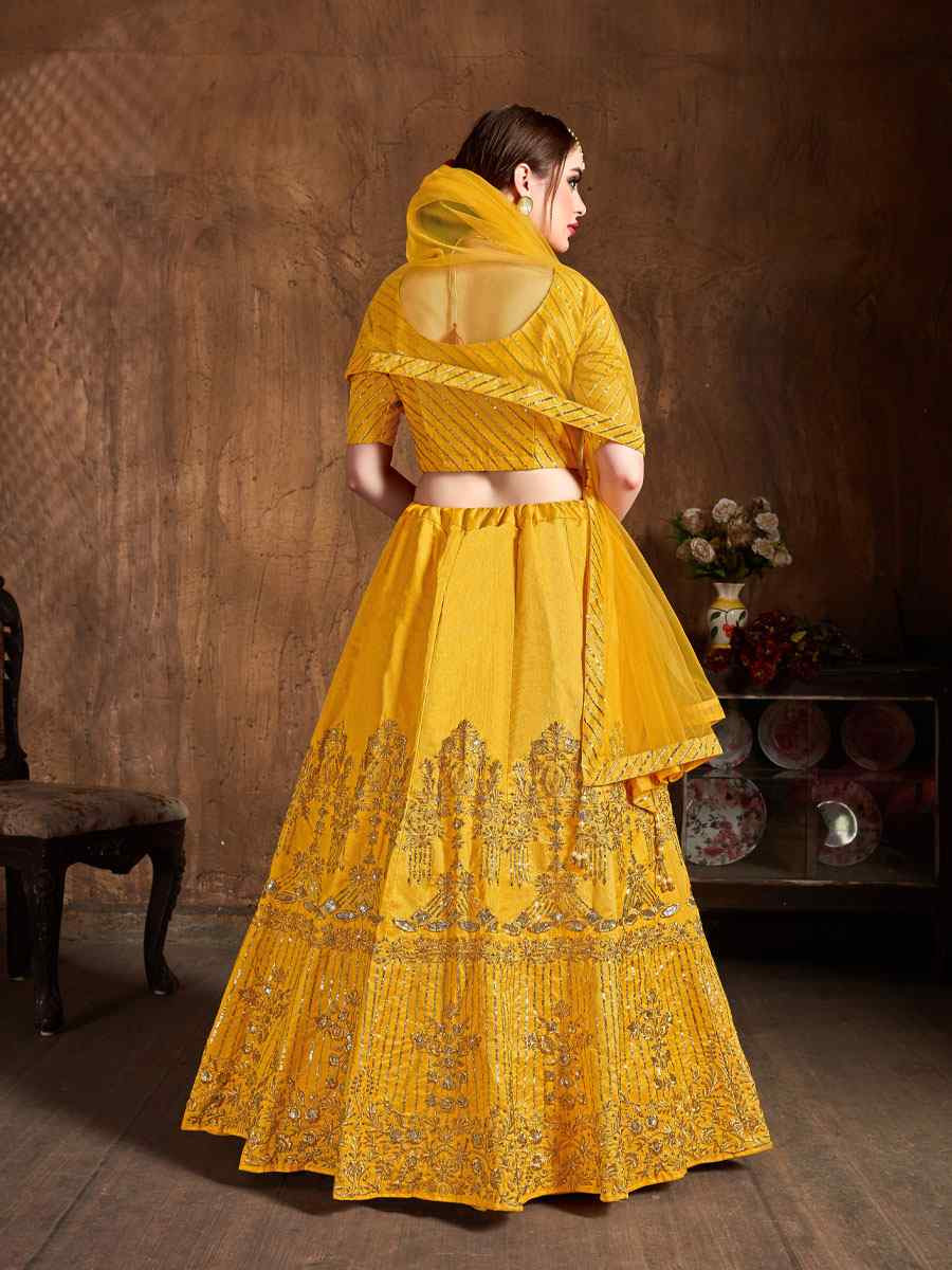 Yellow Art Silk Embroidered Wedding Reception Festival Heavy Border Lehenga Choli
