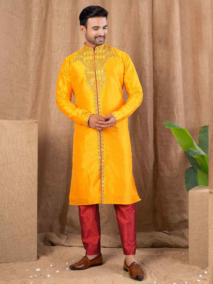 Yellow Art Silk Embroidery Festival Wedding Party Mens Kurta