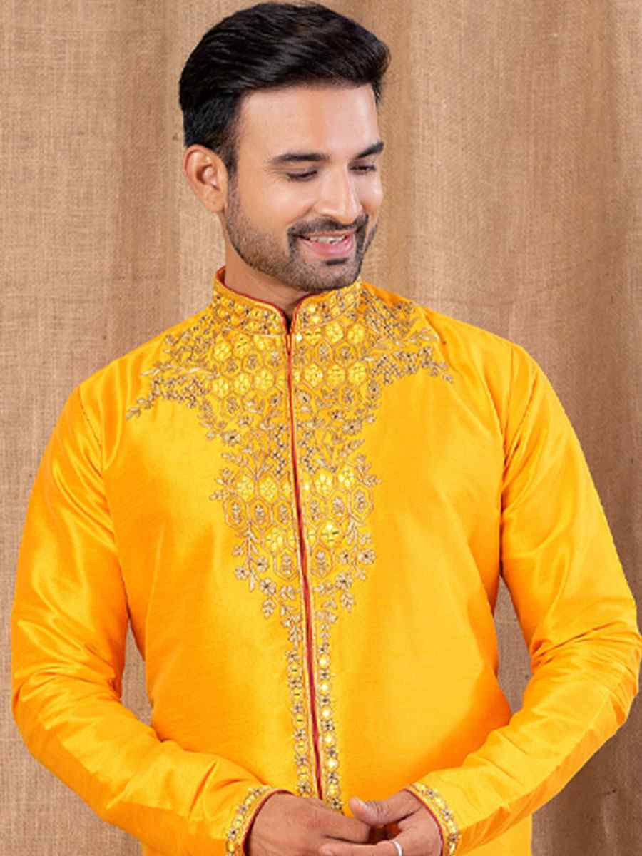 Yellow Art Silk Embroidery Festival Wedding Party Mens Kurta