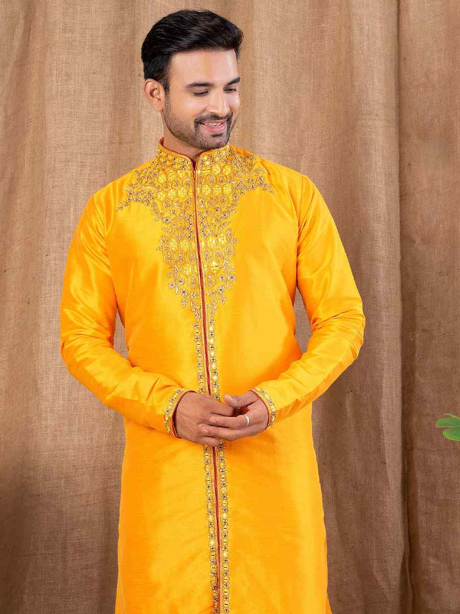 Yellow Art Silk Embroidery Festival Wedding Party Mens Kurta