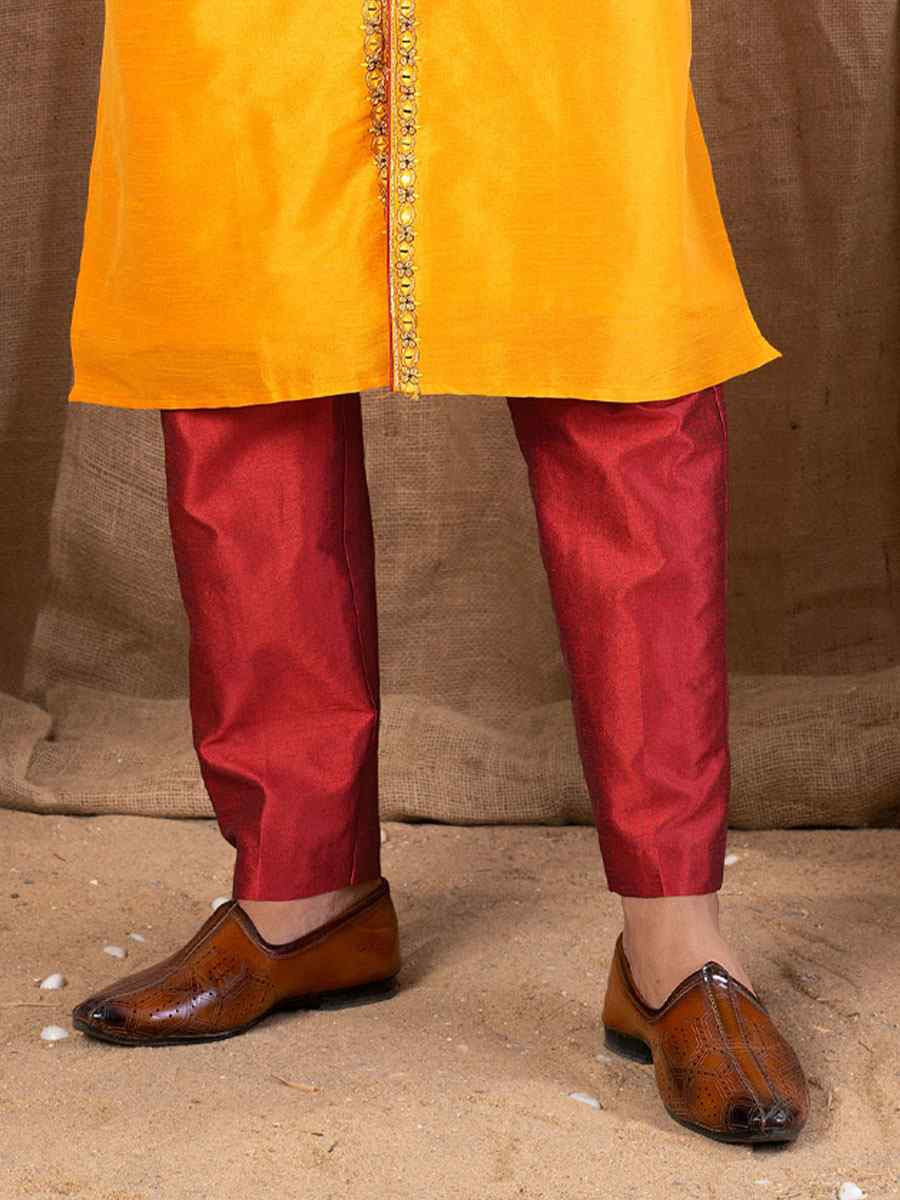 Yellow Art Silk Embroidery Festival Wedding Party Mens Kurta