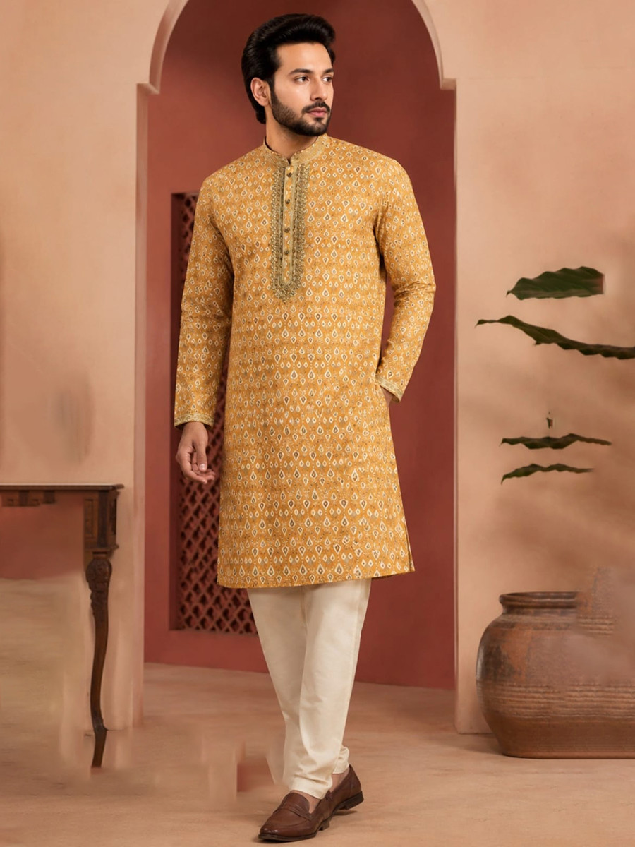 Yellow Art Silk Embroidery Printed Wedding Party Festival Casual Mens Wear Kurta