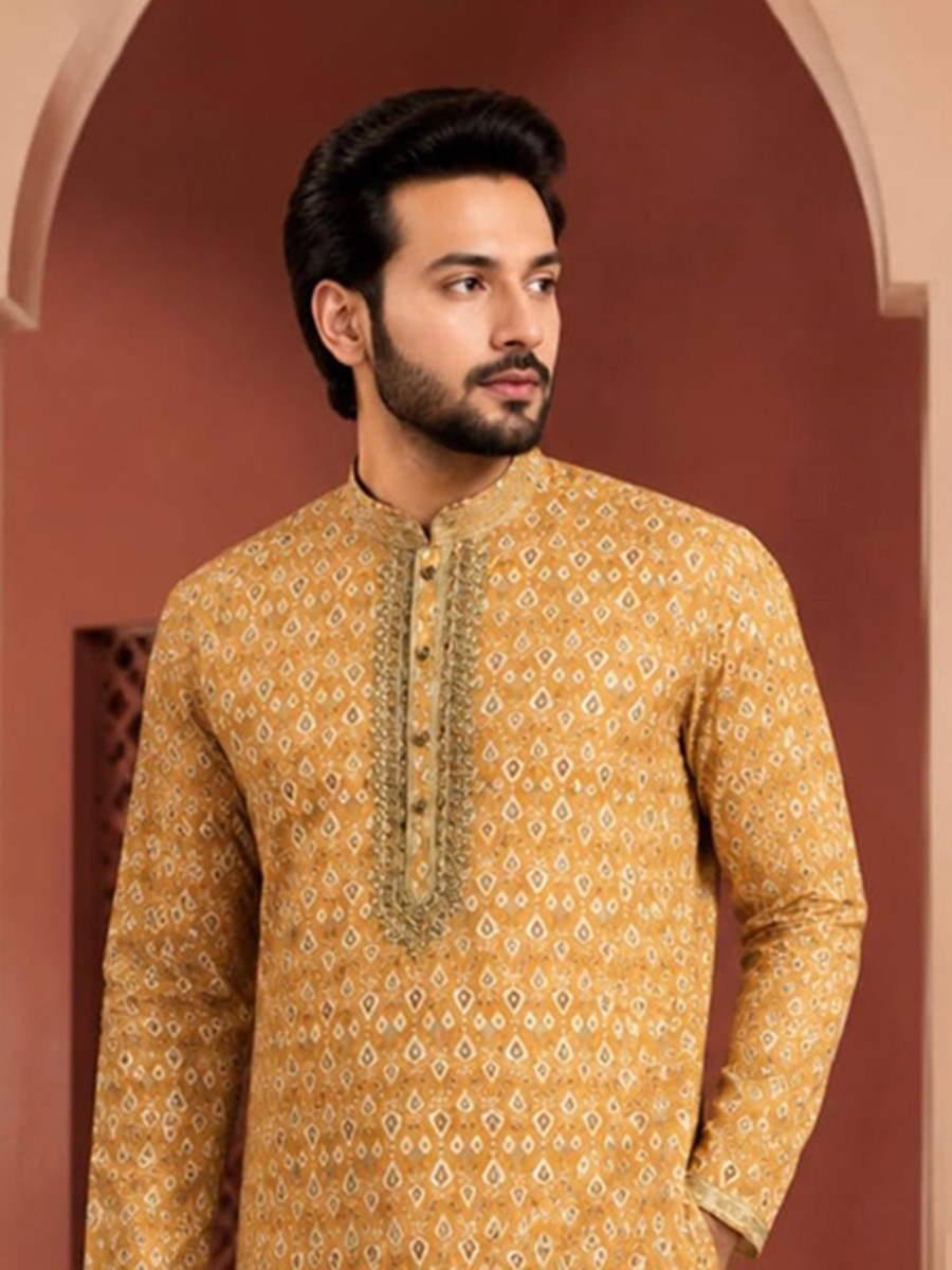 Yellow Art Silk Embroidery Printed Wedding Party Festival Casual Mens Wear Kurta