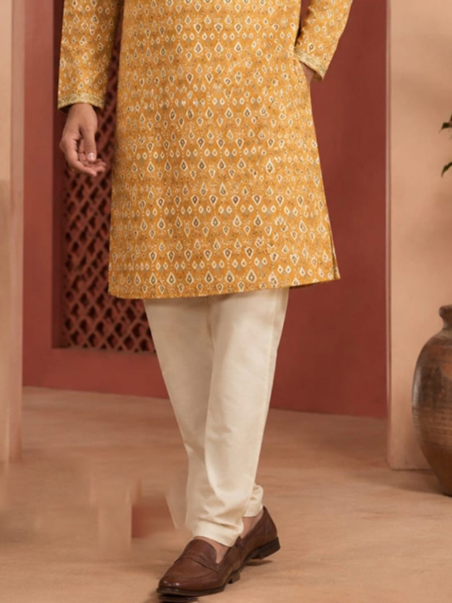Yellow Art Silk Embroidery Printed Wedding Party Festival Casual Mens Wear Kurta