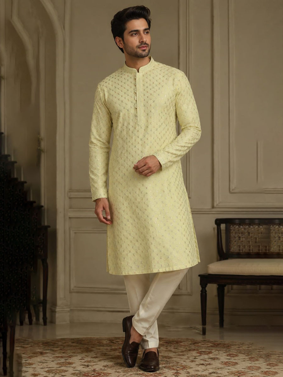 Yellow Art Silk Embroidery Wedding Party Festival Casual Mens Wear Kurta