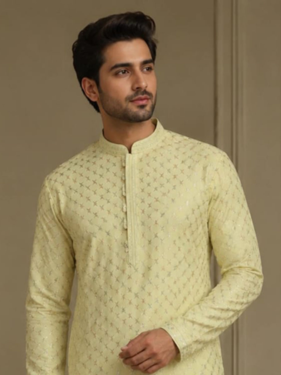 Yellow Art Silk Embroidery Wedding Party Festival Casual Mens Wear Kurta