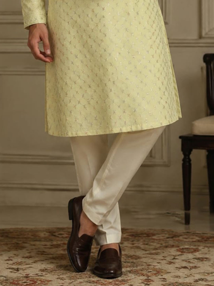 Yellow Art Silk Embroidery Wedding Party Festival Casual Mens Wear Kurta