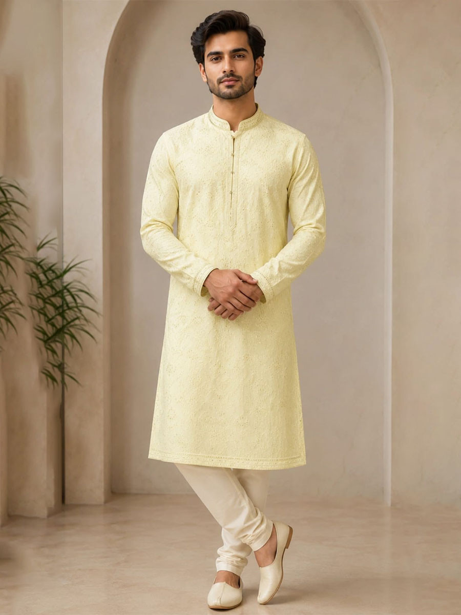 Yellow Art Silk Embroidery Wedding Party Festival Casual Mens Wear Kurta
