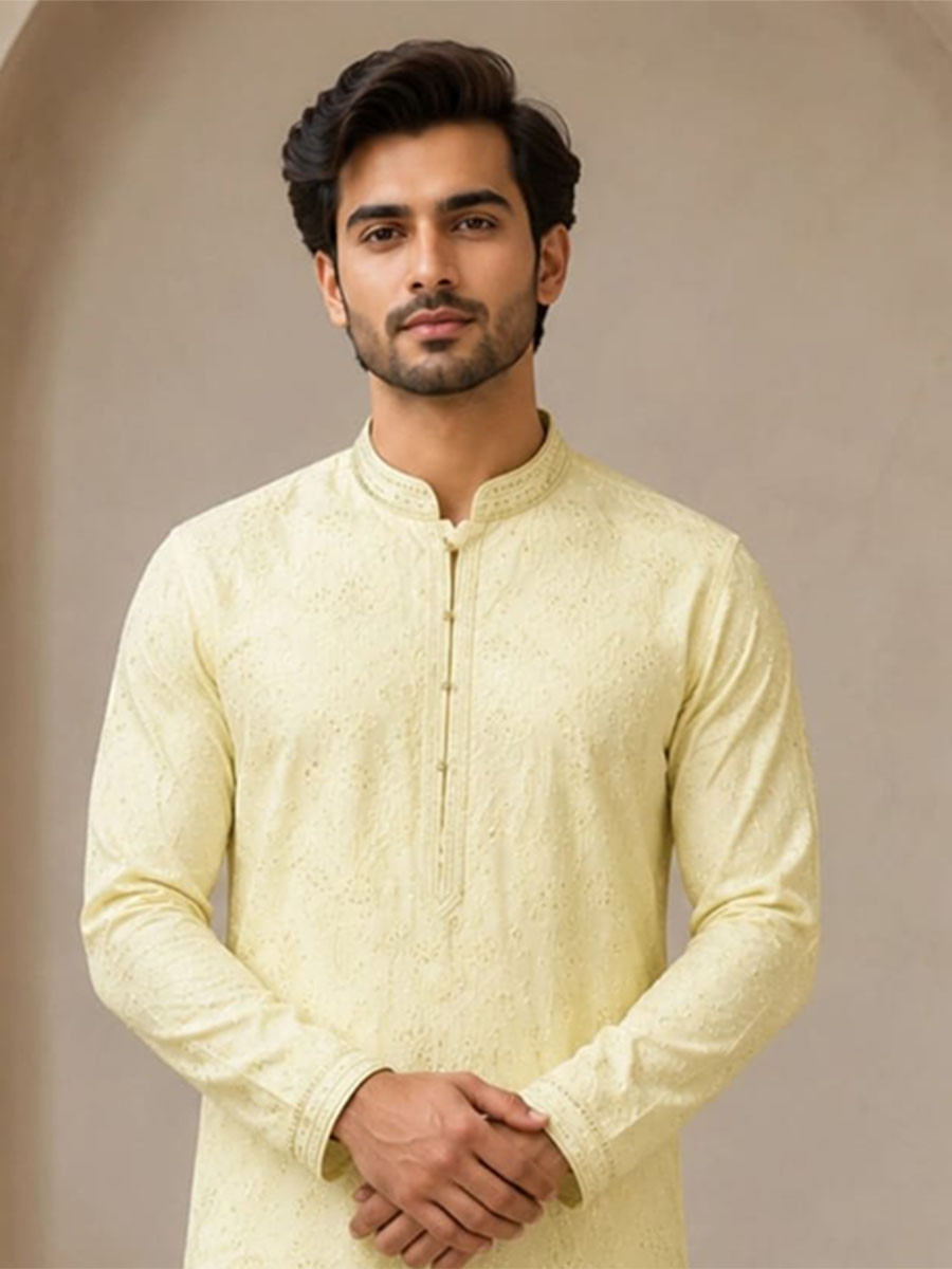 Yellow Art Silk Embroidery Wedding Party Festival Casual Mens Wear Kurta