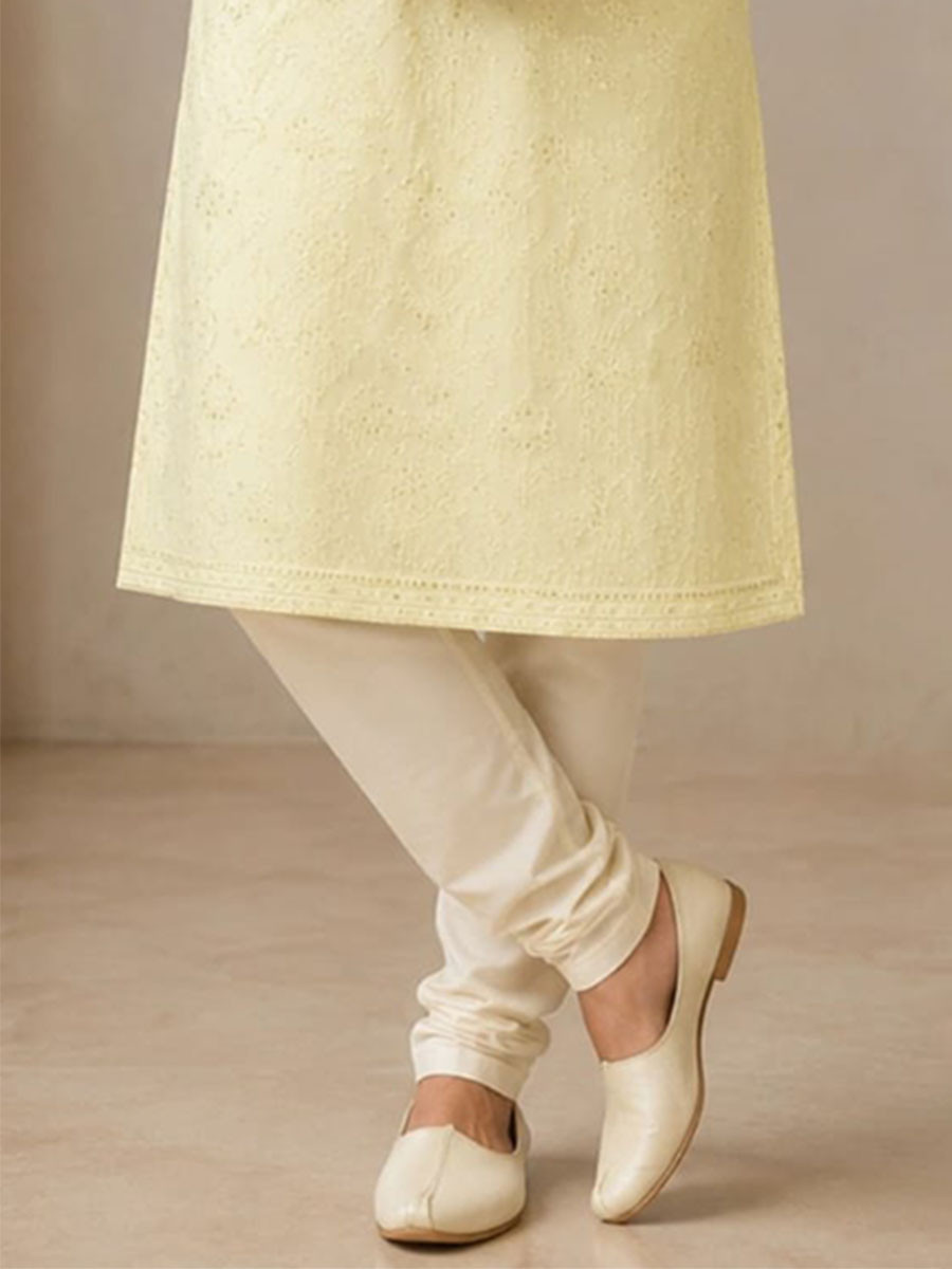 Yellow Art Silk Embroidery Wedding Party Festival Casual Mens Wear Kurta