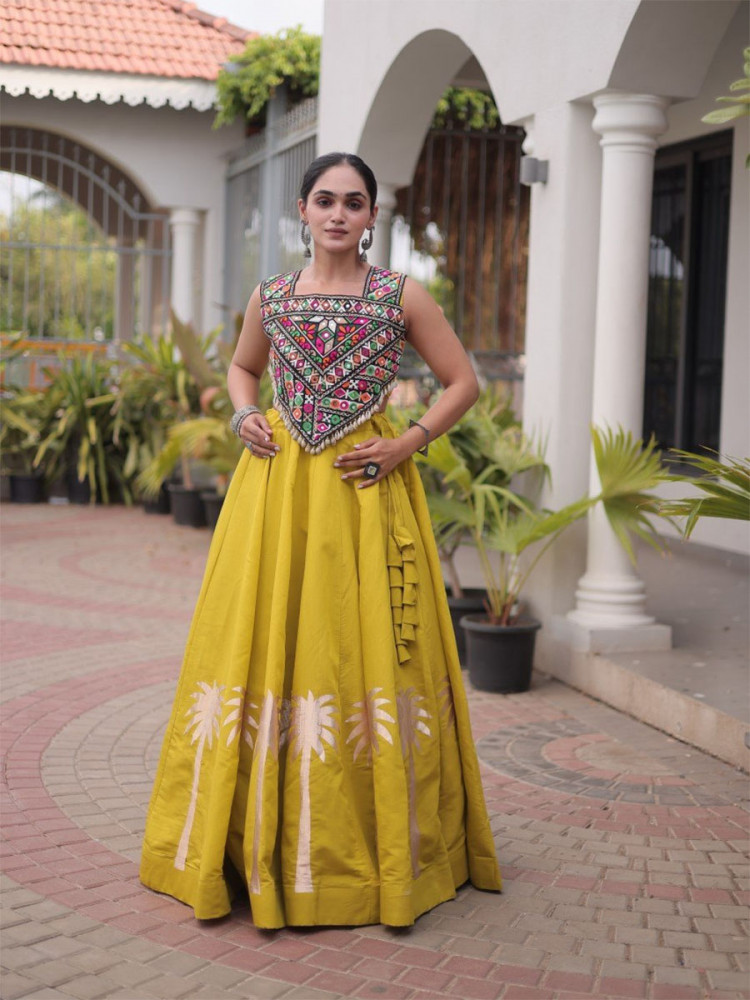 Image of Yellow Art Silk Embroidery Wedding Reception Festival Party Wear Circular Lehenga Choli