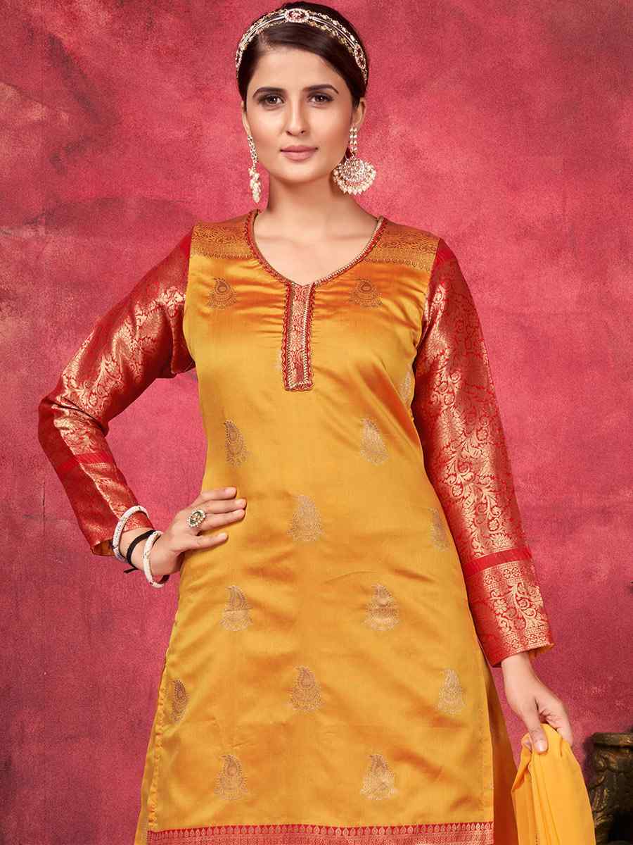 Yellow Art Silk Handwoven Festival Palazzo Pant Salwar Kameez