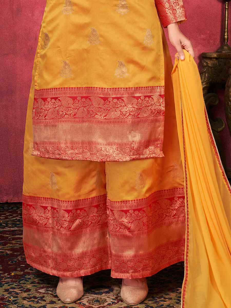 Yellow Art Silk Handwoven Festival Palazzo Pant Salwar Kameez