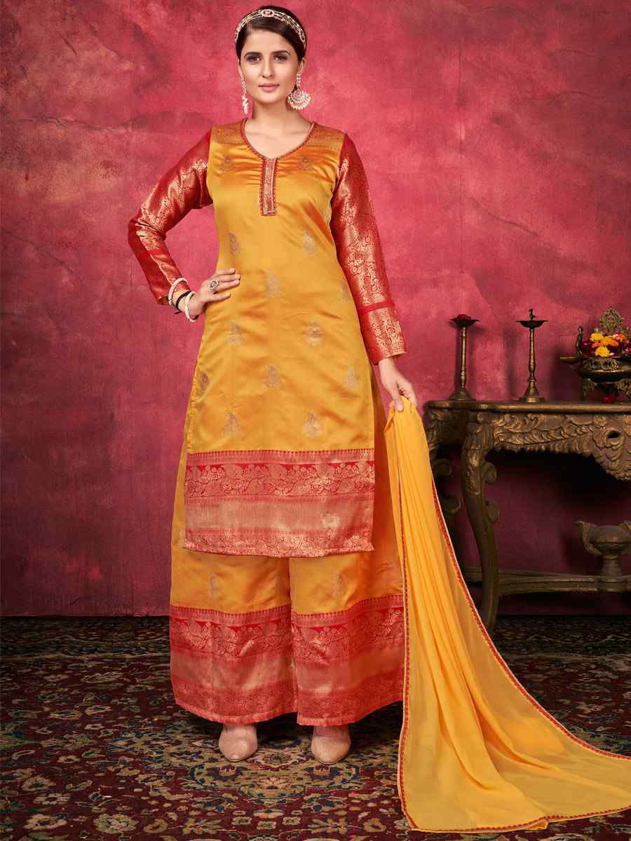 Yellow Art Silk Handwoven Festival Palazzo Pant Salwar Kameez