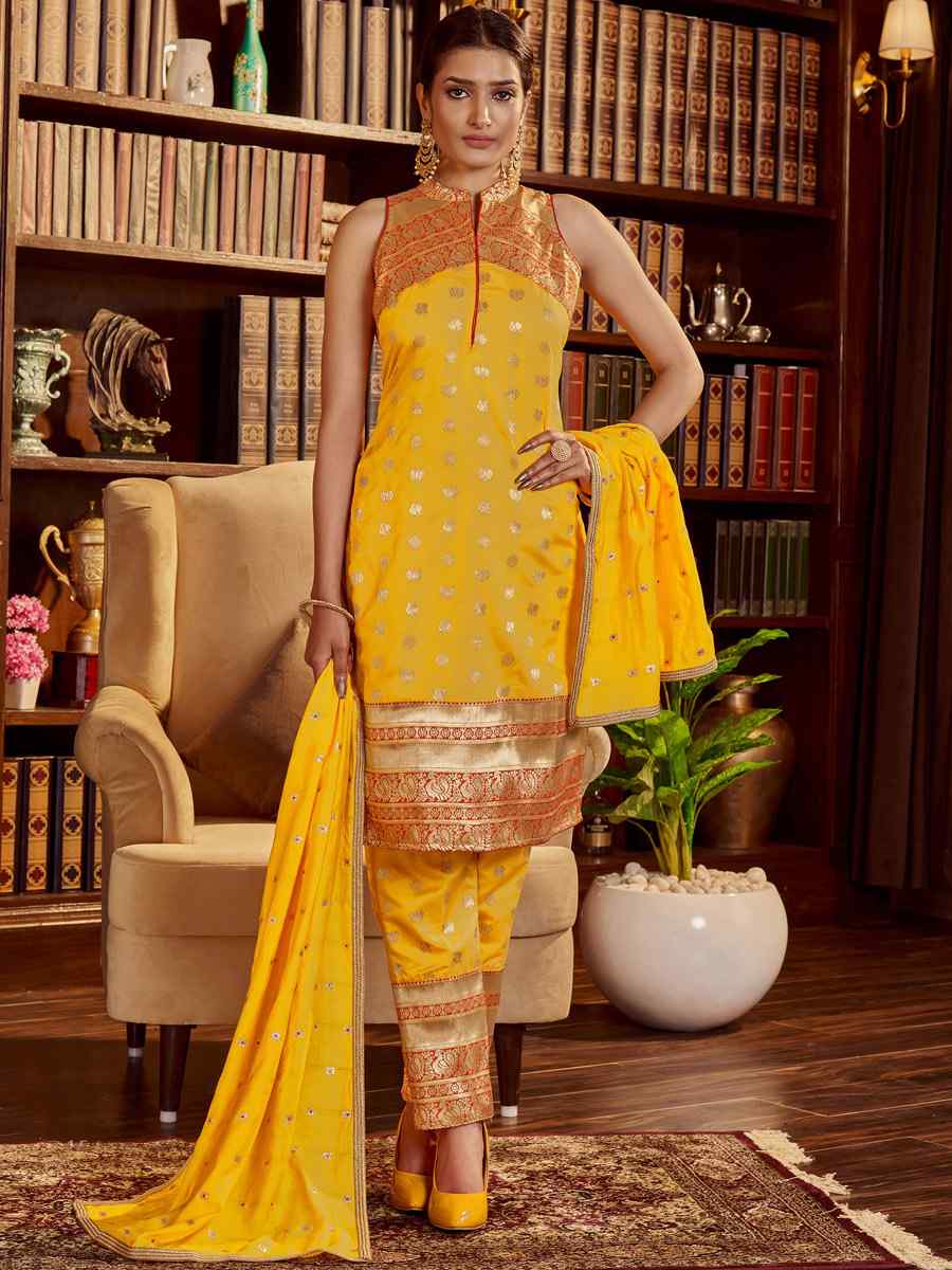 Yellow Art Silk Handwoven Festival Pant Salwar Kameez