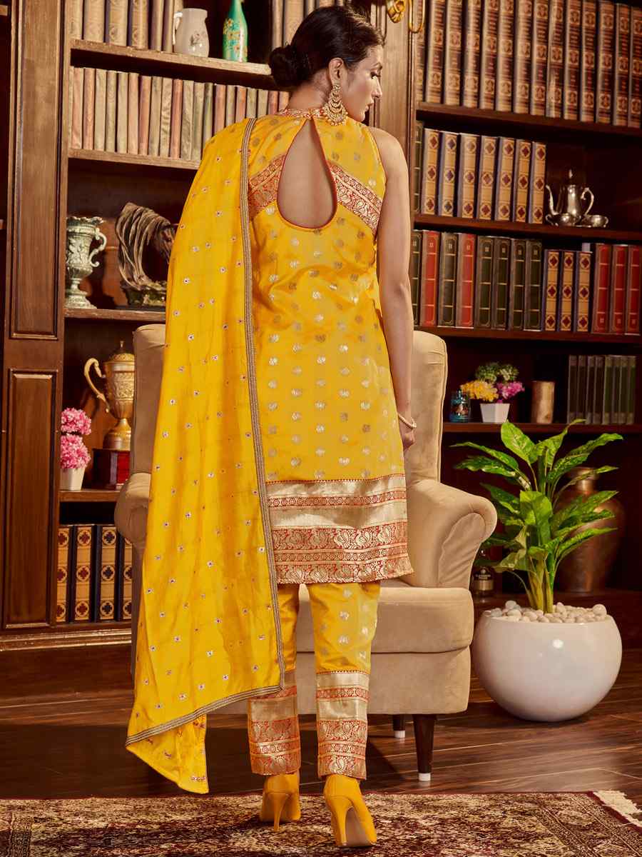 Yellow Art Silk Handwoven Festival Pant Salwar Kameez