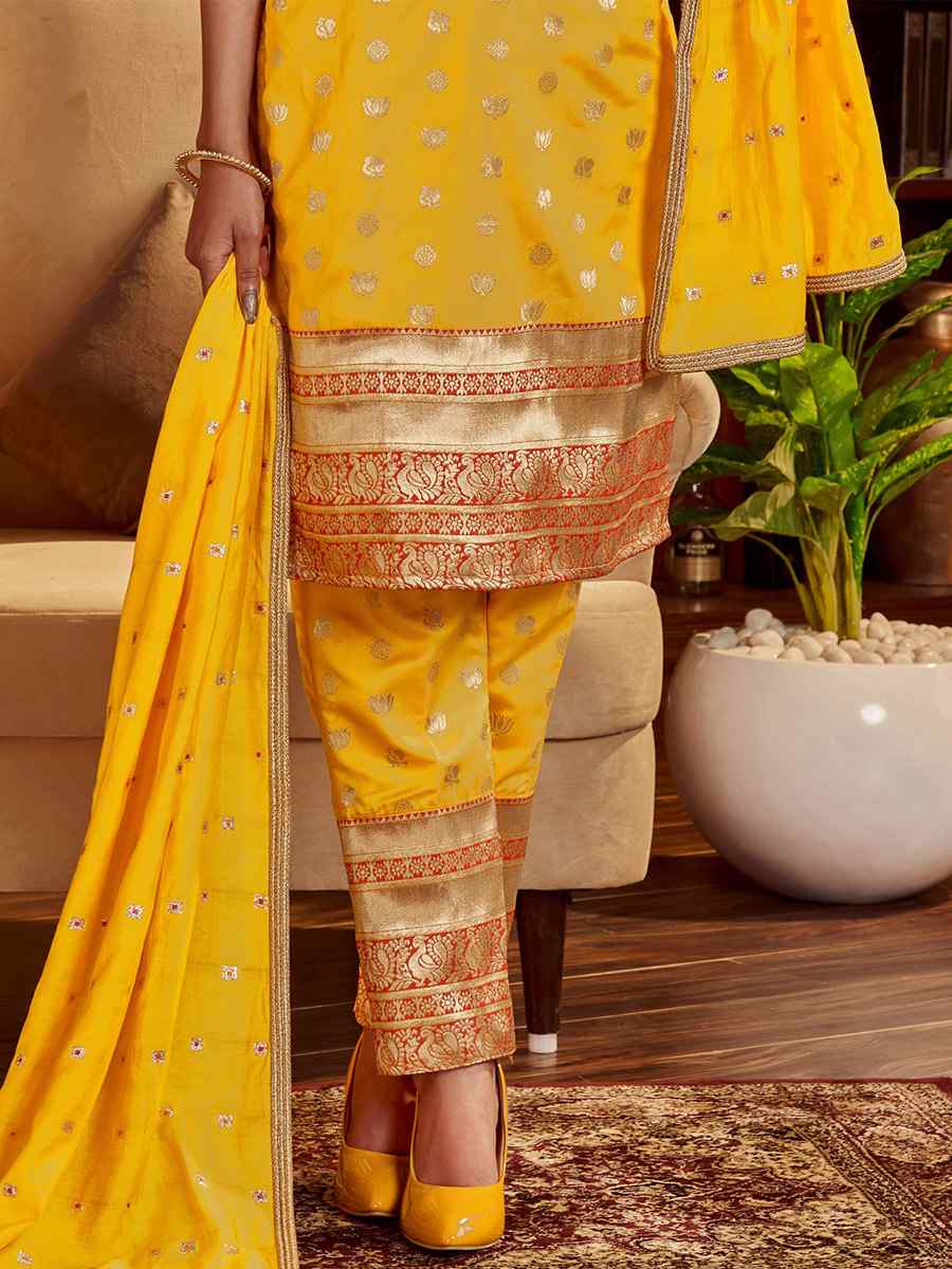 Yellow Art Silk Handwoven Festival Pant Salwar Kameez