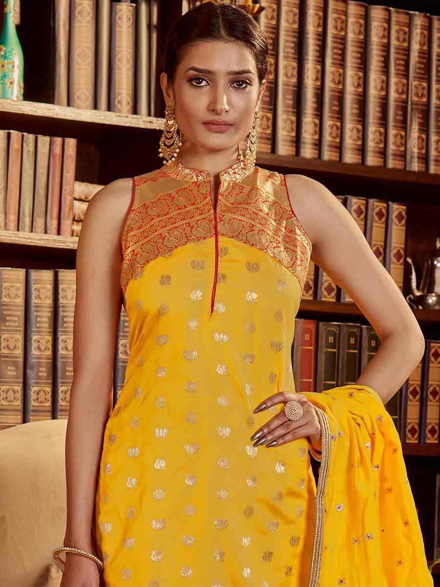 Yellow Art Silk Handwoven Festival Pant Salwar Kameez