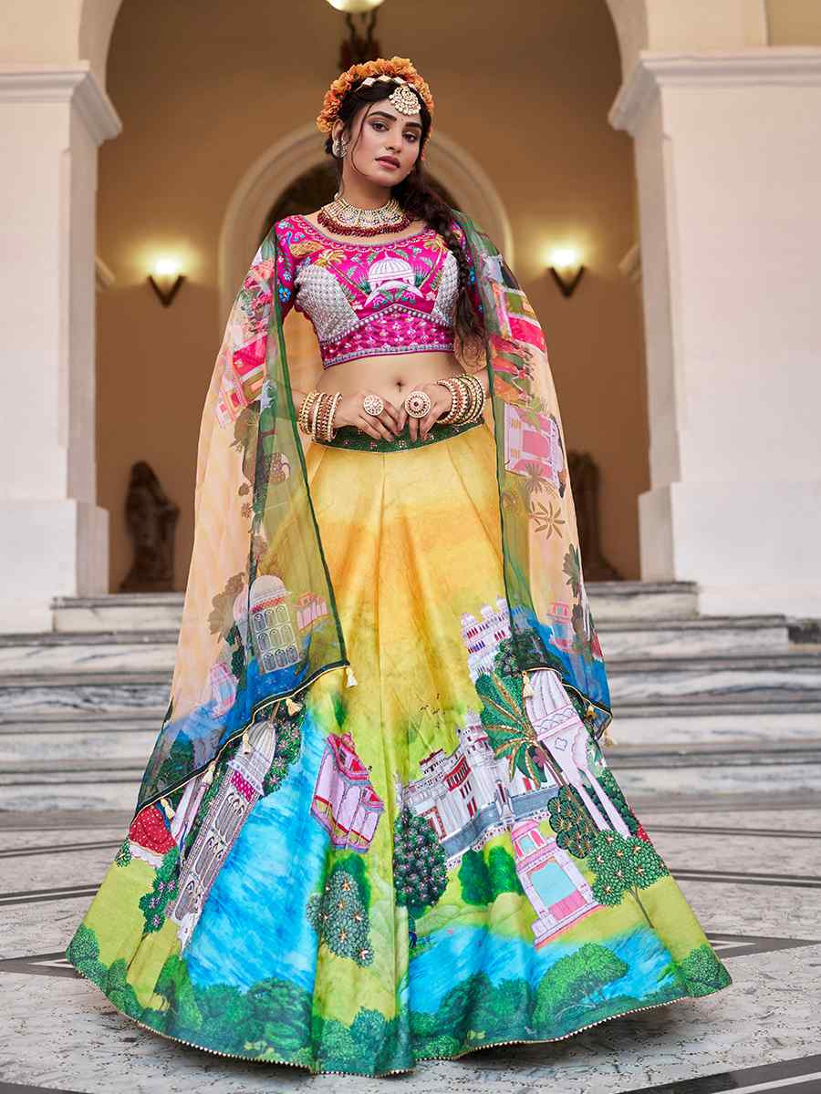 Yellow Art Silk Printed And Hand Embroidered Party Reception Wedding Lehenga Choli