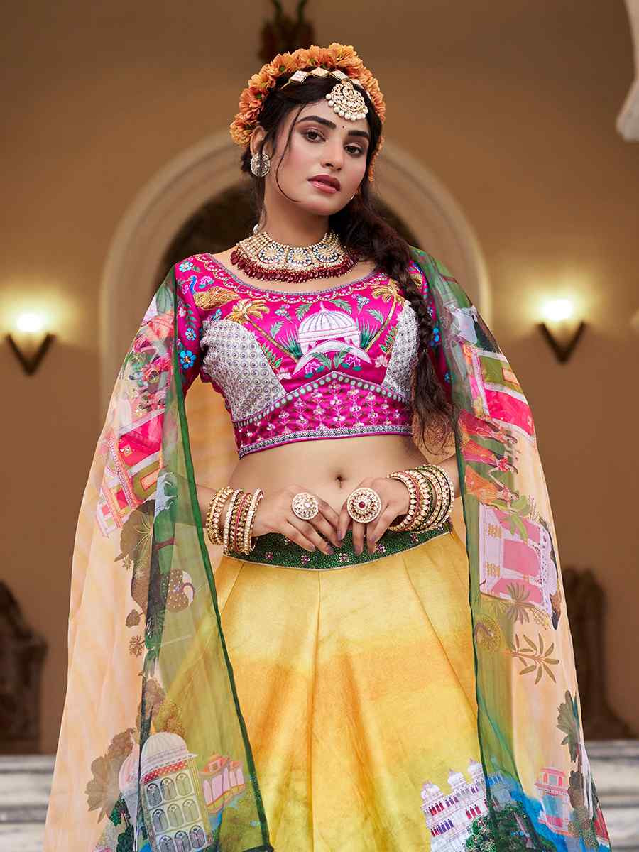 Yellow Art Silk Printed And Hand Embroidered Party Reception Wedding Lehenga Choli