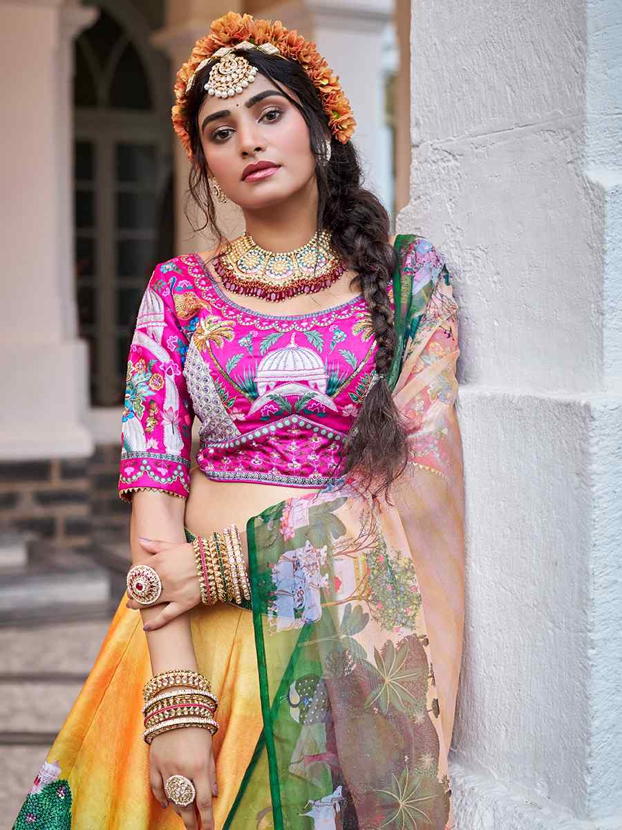 Yellow Art Silk Printed And Hand Embroidered Party Reception Wedding Lehenga Choli