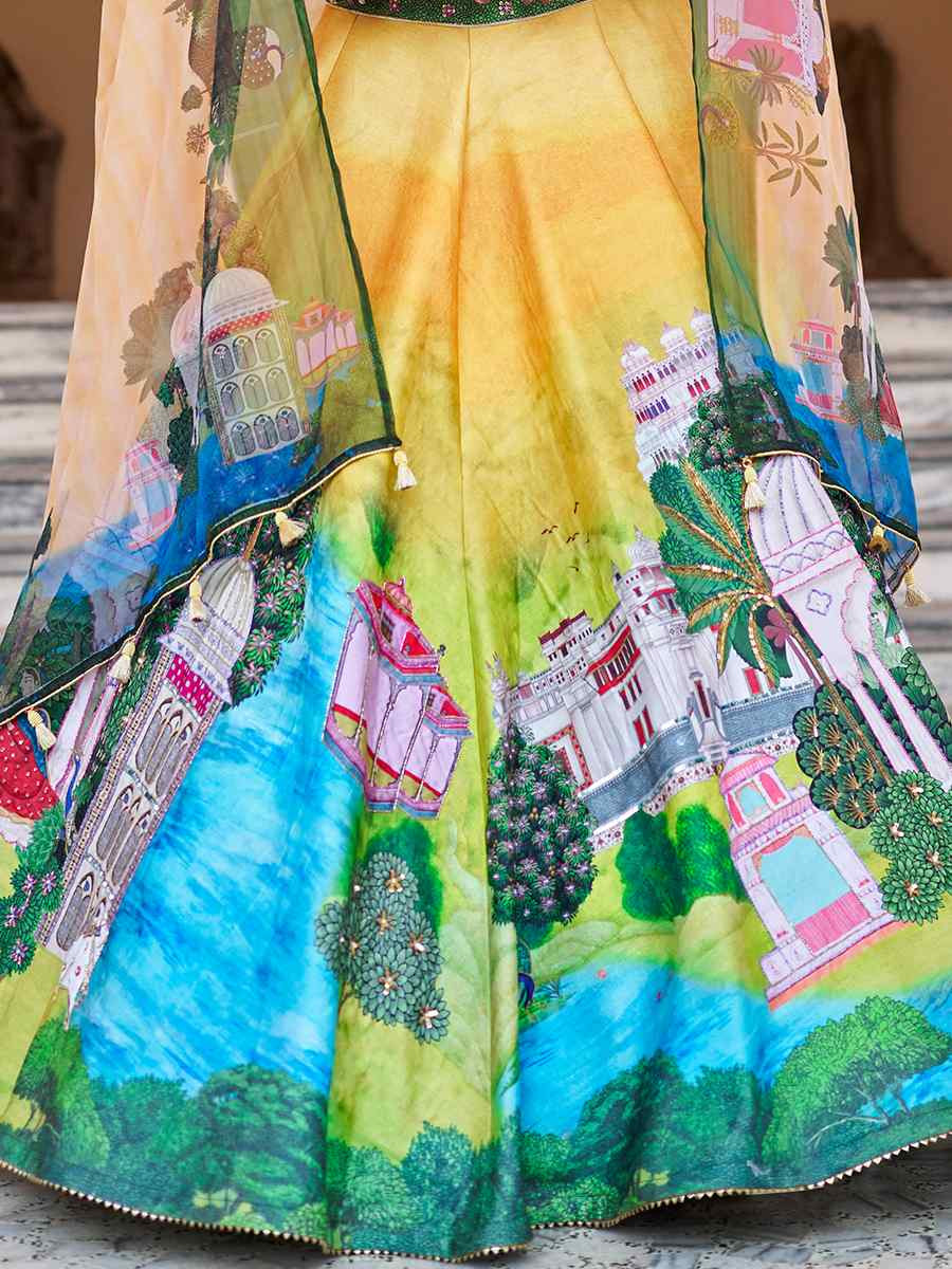 Yellow Art Silk Printed And Hand Embroidered Party Reception Wedding Lehenga Choli
