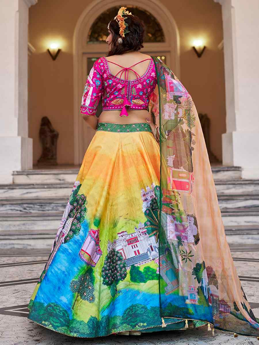 Yellow Art Silk Printed And Hand Embroidered Party Reception Wedding Lehenga Choli