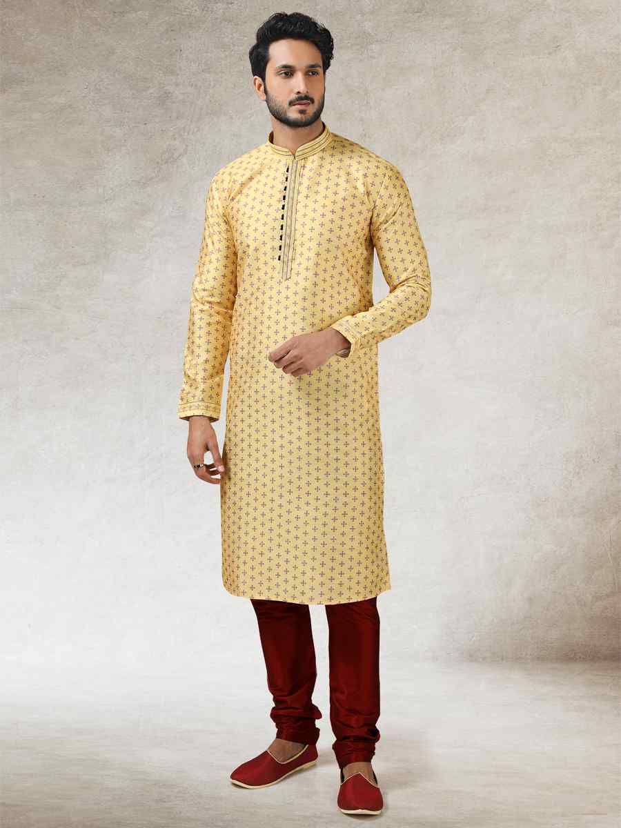Yellow Art Silk Printed Festival Kurta