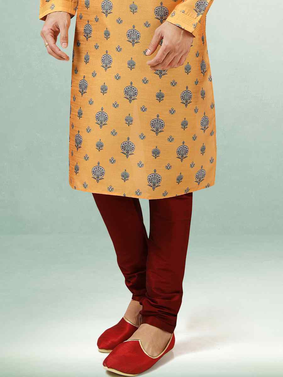 Yellow Art Silk Printed Festival Kurta